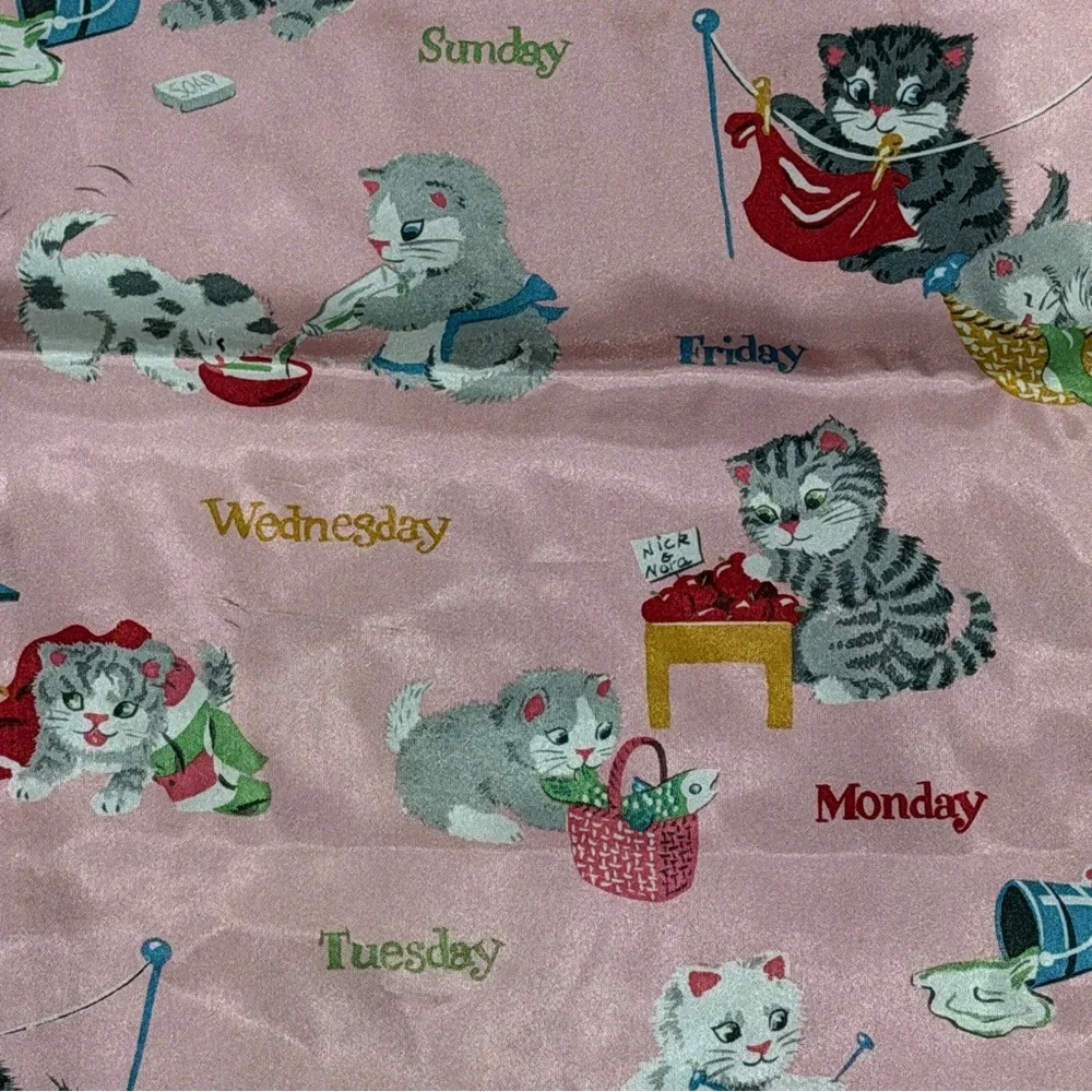 Nick & Nora Girls XL 14/16 Pink Satin Pajama Pants Kitten Cats Days Of Week Meow